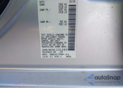 2019 Nissan Altima 2.5 Sv z USA, uszkodzony, nr VIN 1N4BL4DV1KC131393